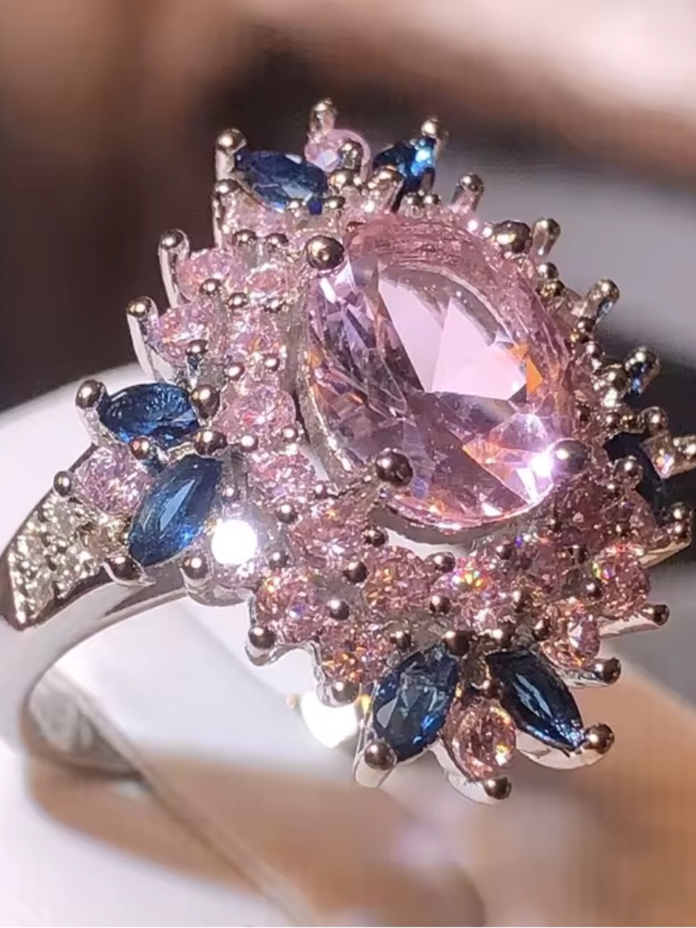925 Sterling Silver Stamped Elegant Pink Oval Halo Ring with Blue Accent Stones